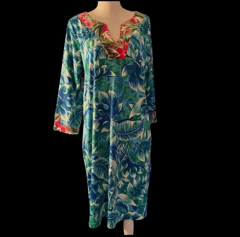 Nwt Caribbean Joe 3/4sleeve Tropical Blue Vacation Dress Mid Length SzL Resort